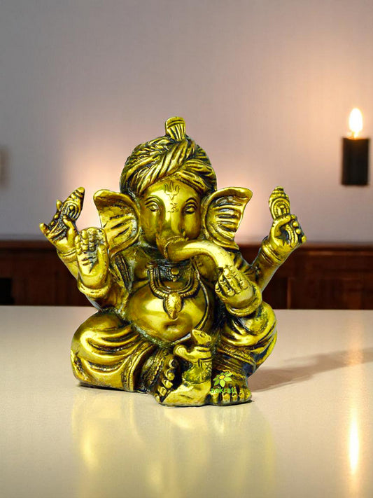 Handmade Brass Ganesha Murti | Antique Design for Divine Blessings and Beauty | Brass Handmade Antique Ganesha Statue ( Yellow, 6.5 inch)