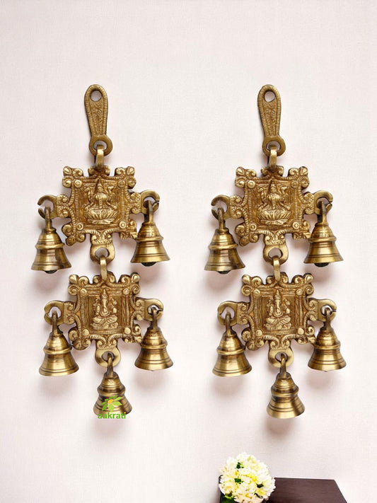 Brass Laxmi Ganesha Engraved Wind Chime | Divine Protection and Prosperity | Brass Religious Wall Hanging ( Yellow, 9.5 inch)