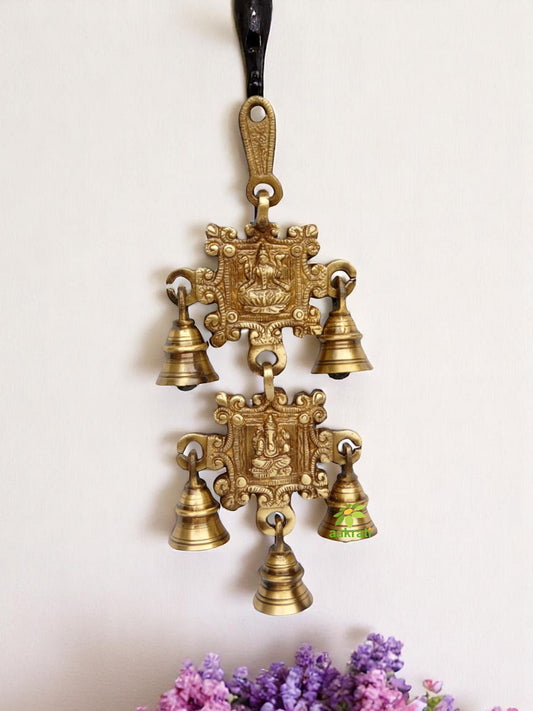 Brass Laxmi Ganesha Wind Chime | Spiritual Home Décor | Sacred Brass Wind Chime with Laxmi and Ganesha Engravings ( Yellow, 9.5 inch)