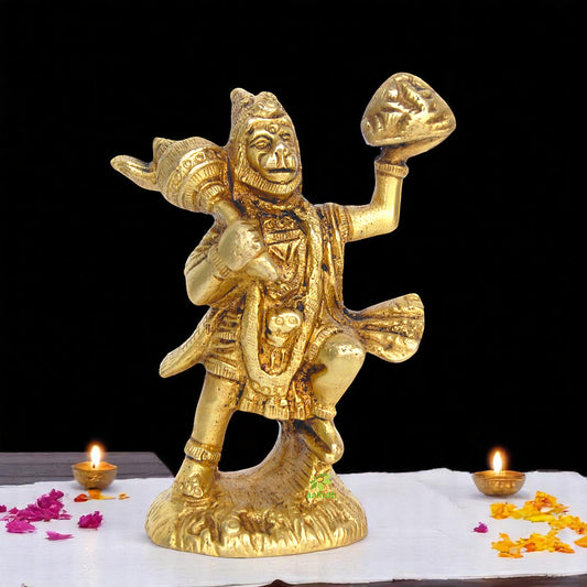 Brass Hanuman Statue | Perfect Showpiece for Home, Office, and Religious Spaces | Handmade Brass Hanuman Idol ( Yellow, 3.5 inch)