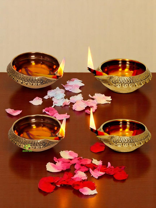 Handmade Indian Puja Brass Oil Lamp - Diya Lamp Engraved Design Dia - 3 inch (Set of 4)