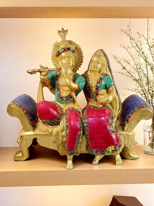 Radha Krishna Sitting On a Sofa Set with Turquoise Work