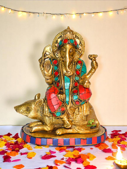 Sitting Ganesha Stone work Brass Metal Pooja Ghar Statue