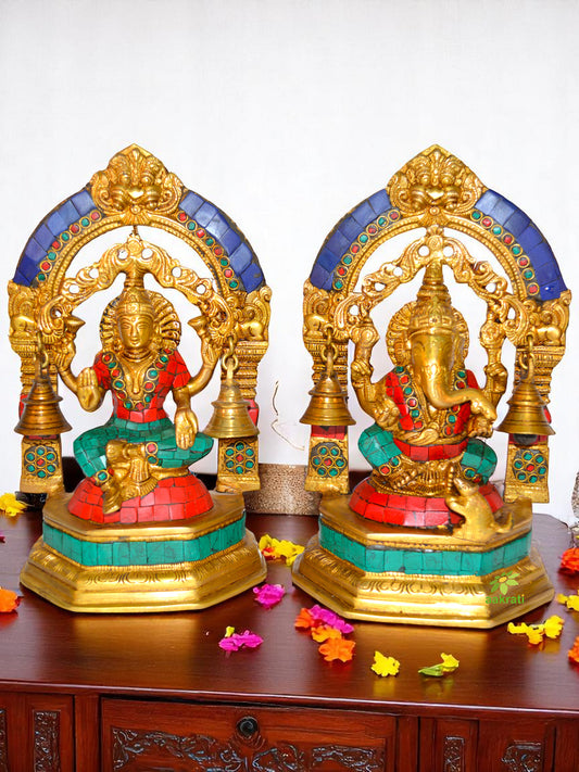 Laxmi Ganesh metal brass statue with small bells