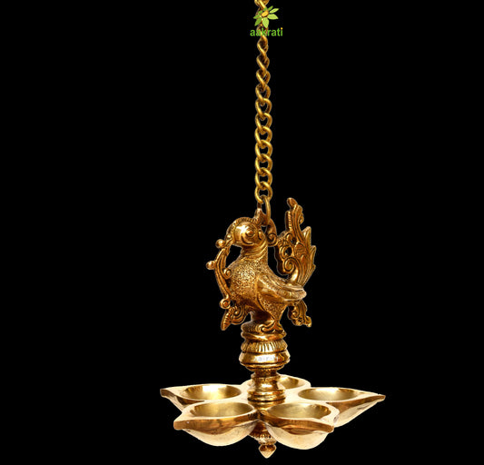 Peacock Design Brass Hanging Diya with by Aakrati, Indian Handicraft Diya, Handmade Lamp