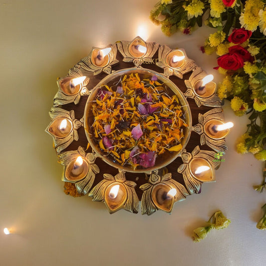 Brass Urli Bowl with Lotus diya handcrafted urli with yellow finish