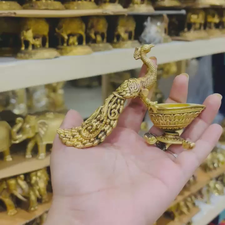 Brass Peacock Diya | Decorative Oil Lamp for Festive Lighting & Gifting | Light Weight Brass Diya (Yellow, 3 Inches)