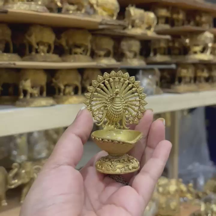 Brass Peacock Diya Oil Lamp for Pooja & Home Decor |Festival Gift Item|Premium Brass Peacock Diya for Puja  (Yellow, 3 Inches)