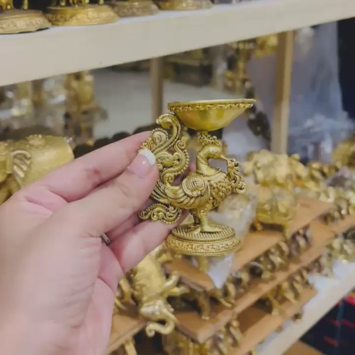 Brass Peacock Diya for Home Temple | Traditional Indian Oil Lamp | Pooja & Diwali Decoration (Yellow, 3 Inches)