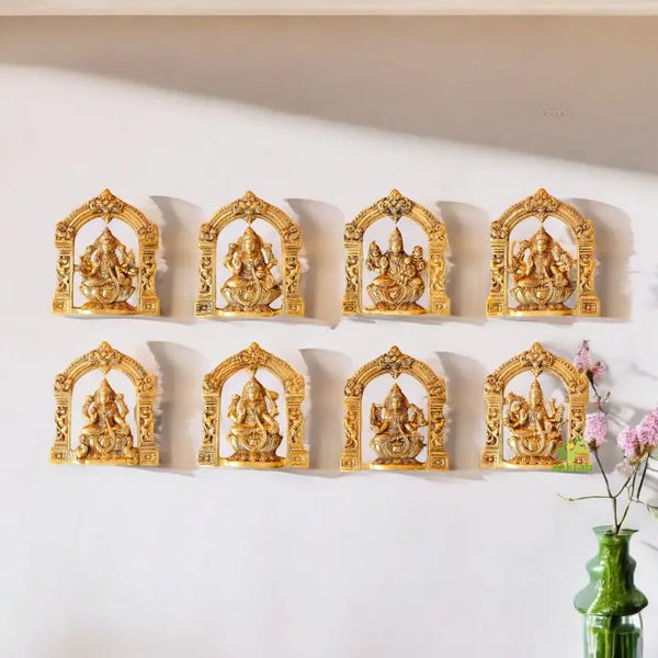 "Handcrafted Brass Ashtalakshmi Wall Hanging | "Pure Brass Ashtalakshmi Idol Wall Decor (Yellow 9 inch) Aakrati