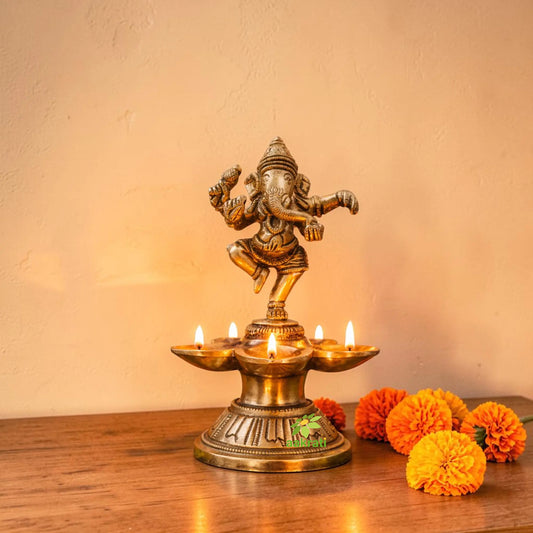 Dancing Ganesha Brass Oil Lamp Decorative Metal Lamp Statue for Home Decor