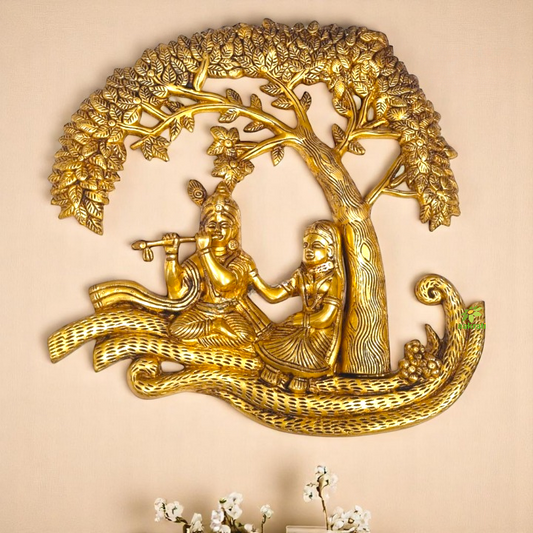 "Handcrafted Brass Radha Krishna Tree Wall Hanging | "Pure Brass Radha Krishna Wall Art | (Yellow 13 inch)