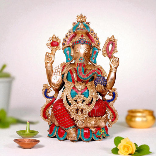Ganpati Statue- 21 inch Ganesh statue with stone work, Ganesh Figurine, Ganesha for new Beginning,Home, Decor, Temple, Corner, Entrance, Gifts.