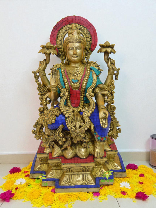 Lakshmi Statue 18 INCH Goddess Lakshmi Idol on Louts, Sitting Lakshmi sculpture, Hindu Goddess Figurines, Home & Temple Decor, Handmade gifts
