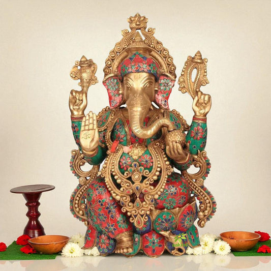 Brass Ganesha Statue Large with Mosaic Stonework, 53 cm Big Large Size Brass Ganesh Sculpture, House warming gift, Hindu wedding gift.