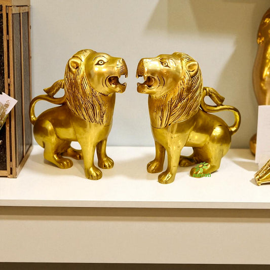 Brass Lion Pair Showpiece | Symbol of Strength & Protection | Handcrafted Brass Lion Figurines (Yellow, 6 Inch)