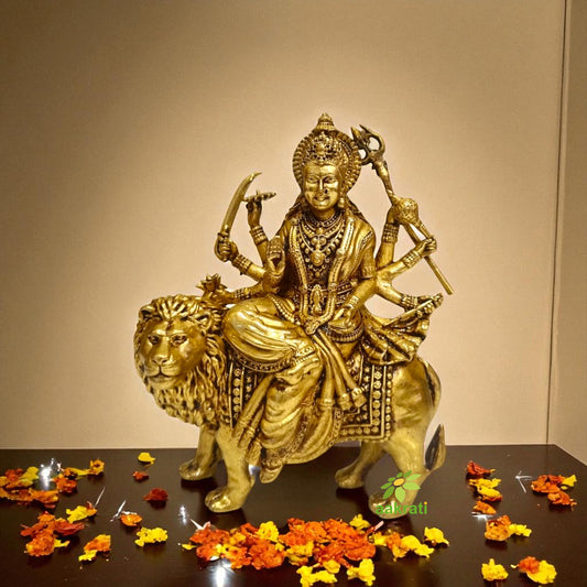 Modern Brass Lightweight Durgaa Murti | A Spiritual Accent for Indian Interiors | Lightweight Brass Durgaa Murti ( Yellow, 5.2 inch)