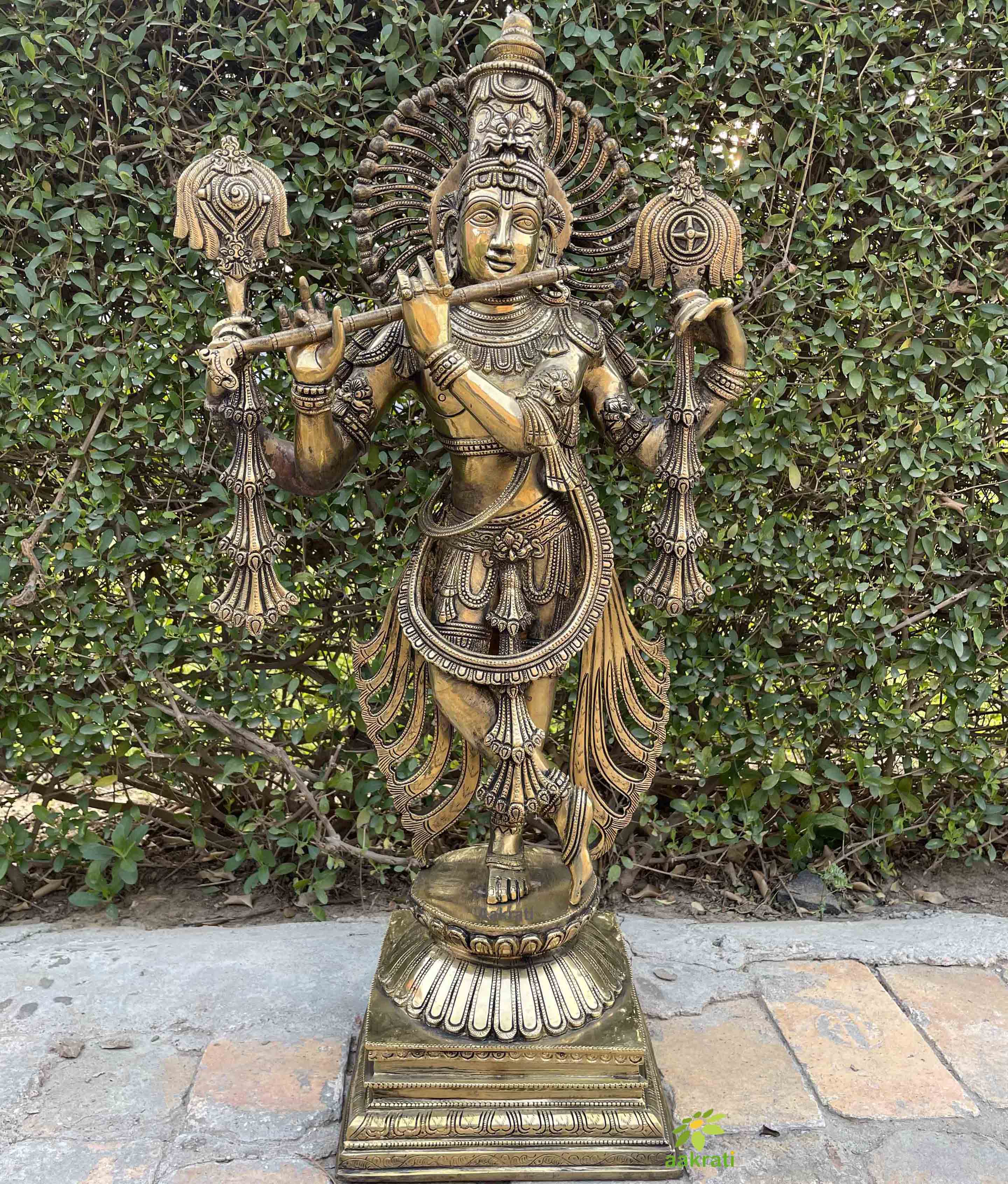 Magnificent Large Brass God Krishna Statue Stonework 79 cm Tall