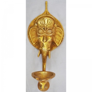 Handcrafted Brass Ganesha Wall Hanging Oil Lamp | Traditional Spiritual Decor for Home Temple | Brass Oil Lamp ( Yellow, 10 inch)