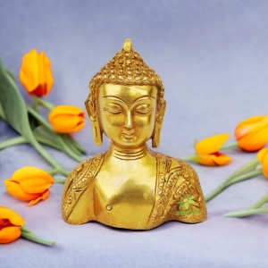 Brass Buddha Bust Statue | Spiritual Home Decor for Peace and Prosperity | Brass Buddha Sculpture ( Yellow, 6 inch)
