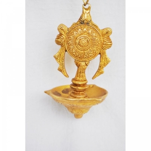 Brass Shankh Chakra Wall Oil Lamp | Unique Oil Lamp for Puja Room and Home Blessings | Brass Shankh Chakra Wall Lamp ( Yellow, 5 inch)