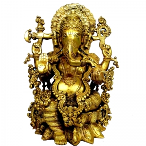 Brass Ganesha Murti | Handcrafted Idol for Spiritual Pooja in Temple | Handmade Brass Ganesha Murti ( Yellow, 16 inch)