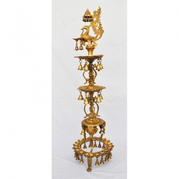 Brass metal designer & unique decorative peacock shape oil lamp with little bells