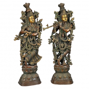 Handcrafted Brass Radha Krishna Idol | Sacred Decorative Piece for Your Home | Brass Radha Krishna Statue ( Brown, 30 inch)