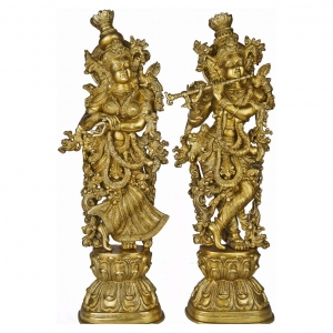 Antique Brass Radha Krishna Murti | Handcrafted Spiritual Decor Piece | Premium Brass Radha Krishna Murti ( Yellow, 29 inch)