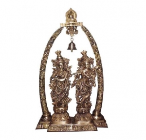 Divine Brass Radha Krishna Sculpture | Handcrafted Idol for Spiritual Home Decor | Brass Antique Radha Krishna Murti ( Yellow, 42 inch)