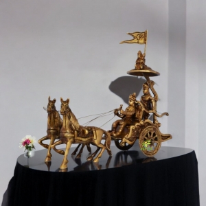 Chariot - Horse Cart - Arjun Rath at The Time of Geeta Shar in Mahabharat War Light Brown Antique Finish - Metal Brass Home and Office Table Decor Gift