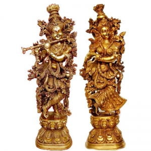 Divine Brass Radha Krishna Statue | Spiritual Decor for Temple and Pooja Room | Brass Lord Radha Krishna Statue ( Yellow, 30 inch)