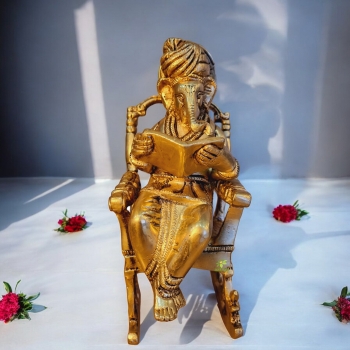 Handcrafted Brass Ganesha Idol |  Sitting on Chair for Blessings & Prosperity | Elegant Brass Ganesha Murti ( Yellow, 7.5 inch)
