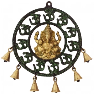 Brass Ganesha Wall Hanging with Small Bells Wind Chime – Handcrafted Spiritual Decor for Home & Pooja Room ( Brown, 10 inch)