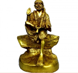Brass Sai Baba Sitting Idol |  Divine Presence for Your Home | Handcrafted Brass Sai Baba Statue ( Yellow, 25 inch)