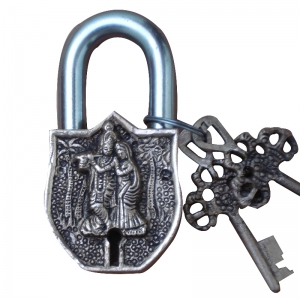 Brass Radha Krishna Engraved Padlock | Divine Blessing for Your Home | Divine Radha Krishna Brass Padlock ( Black, 3.5 inch)
