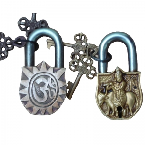 Handcrafted Brass Krishna OM Padlock | Divine Home Protection Lock | Premium Brass Padlock ( Black, 3.5 inch)
