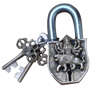 Premium Brass Durga Maa Engraved Padlock | Secure Your Home with Divine Grace | Brass Padlocks By Aakrati ( Black, 3.5 inch)