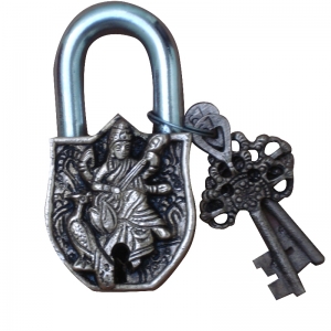 High-Quality Brass Padlock for Doors | Goddess Saraswati Engraved Brass Padlock | Secure Your Home with Blessings ( Black, 3.5 inch)