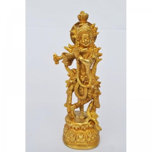 Brass Lord Krishna Murti | Aesthetic Home Decor for Pooja and Blessings | Brass Krishna Idol ( Yellow, 8 inch)