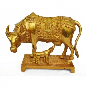 Brass Cow Figurine | Classic Showpiece for Living Room Decor | Brass Cow Idol ( Yellow, 14 inch)