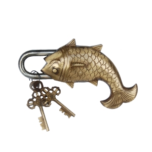 Handcrafted Brass Antique Padlock | Vintage Security for Your Home | Brass Fish Shape Padlock ( Yellow, 3.5 inch)