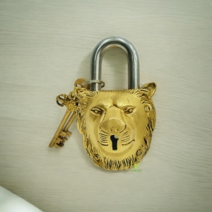 Lion Face Pad Lock of Brass Metal with Two Antique Design Key - Nice Handmade Metal Hardware Door Fitting