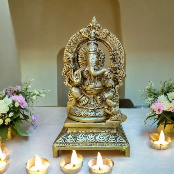 Aakrati Lord Ganesha Sitting Statue On A Throne of Brass Brown