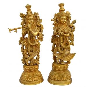 Brass Radha Krishna Statue | Divine Pair for Home and Temple Decor | Handcrafted Brass Radha Krishna Pair Murti ( Yellow, 20 inch)