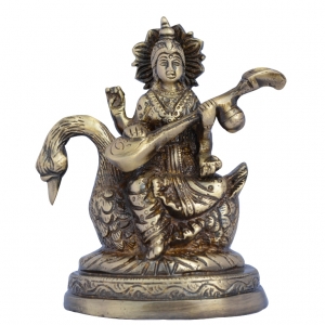 Brass Saraswati Murti Sitting on Swan | Divine Idol for Home Decor and Spiritual Blessings | Antique Saraswati Statues ( Brown, 5 inch)