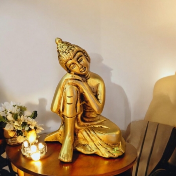 Religious Brass Lord Buddha Resting Statue in Yellow- A peaceful Decorative Figurine