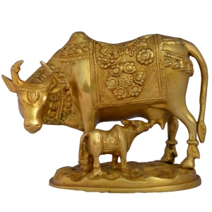 Brass Nandi Decorative Cow Figurine | Symbol of Wealth, Prosperity, and Blessings | Handmade Nandi Idol ( Yellow, 8.5 inch)