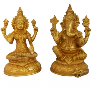 Brass Lakshmi and Ganesha Murti |  Spiritual Elegance for Your Home | Divine Brass Lakshmi and Ganesha Showpiece ( Yellow, 8 inch)