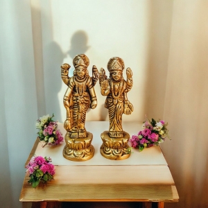 Brass Vishnu & Lakshmi Idol Pair | Divine Blessings of Prosperity and Protection | Premium Brass Vishnu-Lakshmi Murti Set ( Yellow, 2.8 inch)